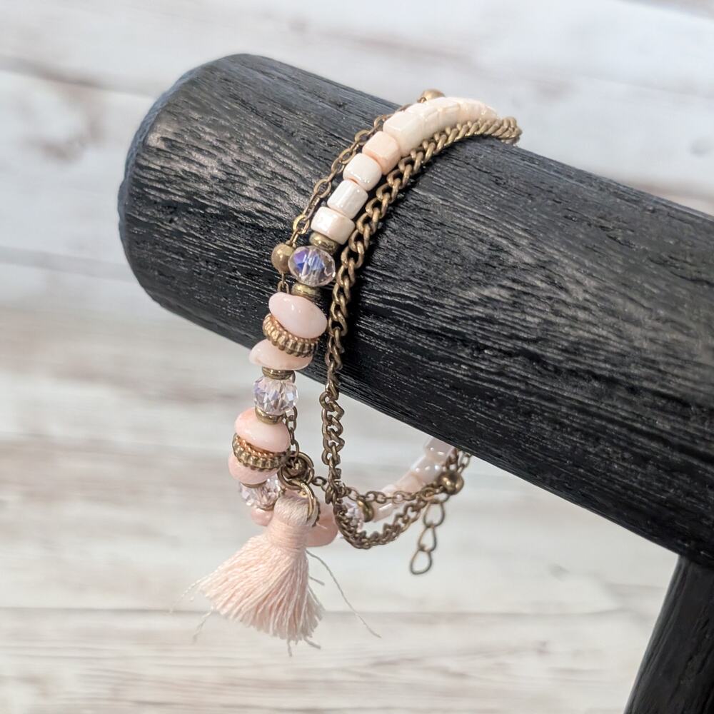 Light Pink and Bronze Tone Bracelet with Tassel Dangle